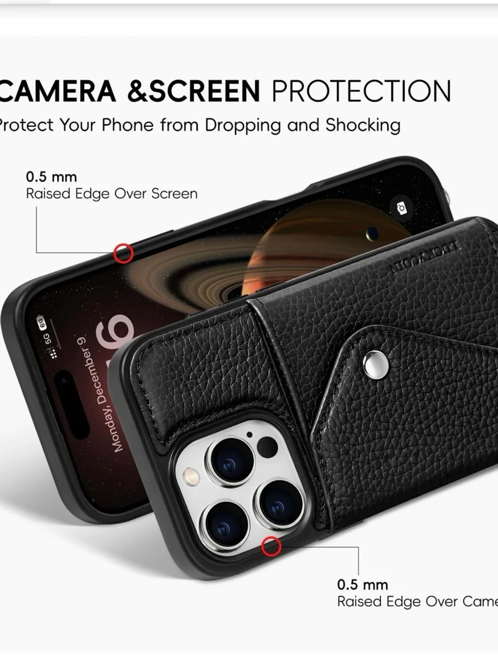 iPhone 16 Pro Leather Crossbody Phone Case with Card Pocket - Black